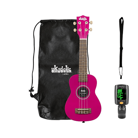 Full Pack Ukelele Soprano Kala Ukadelic Dragonfruit + Afinador Cromático Clip + Correa para Ukelele Allegro