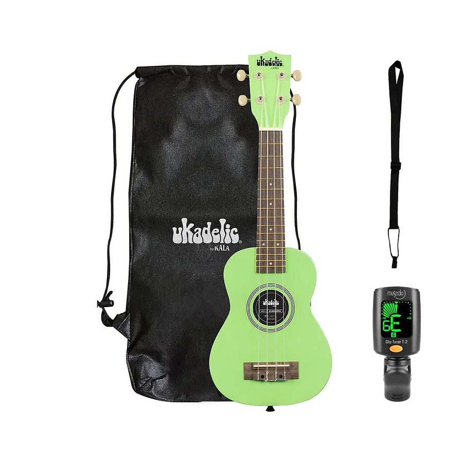 Full pack Ukelele Soprano Kala Ukadelic Grasshopper + Afinador Cromático Clip + Correa para Ukelele Allegro