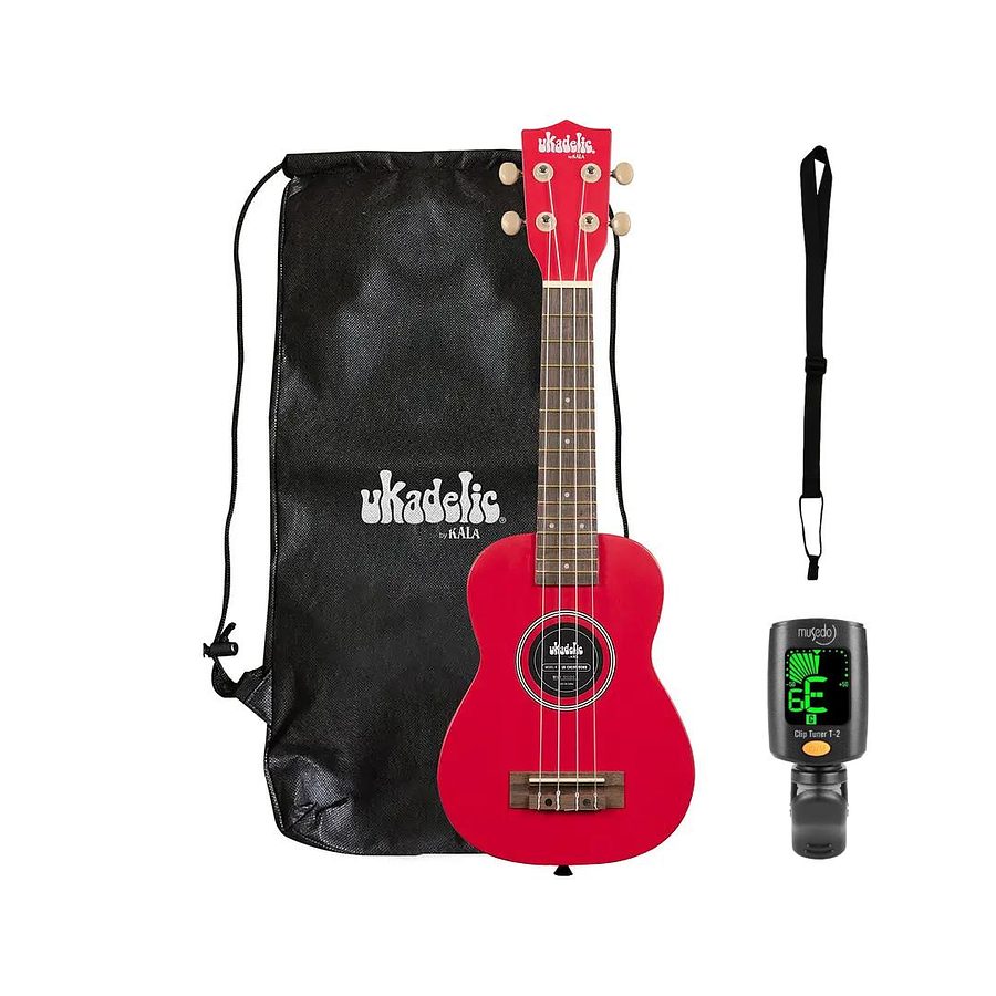 Full Pack Ukelele Soprano Kala Ukadelic Cherrybomb  + Afinador Cromático Clip + Correa para Ukelele Allegro