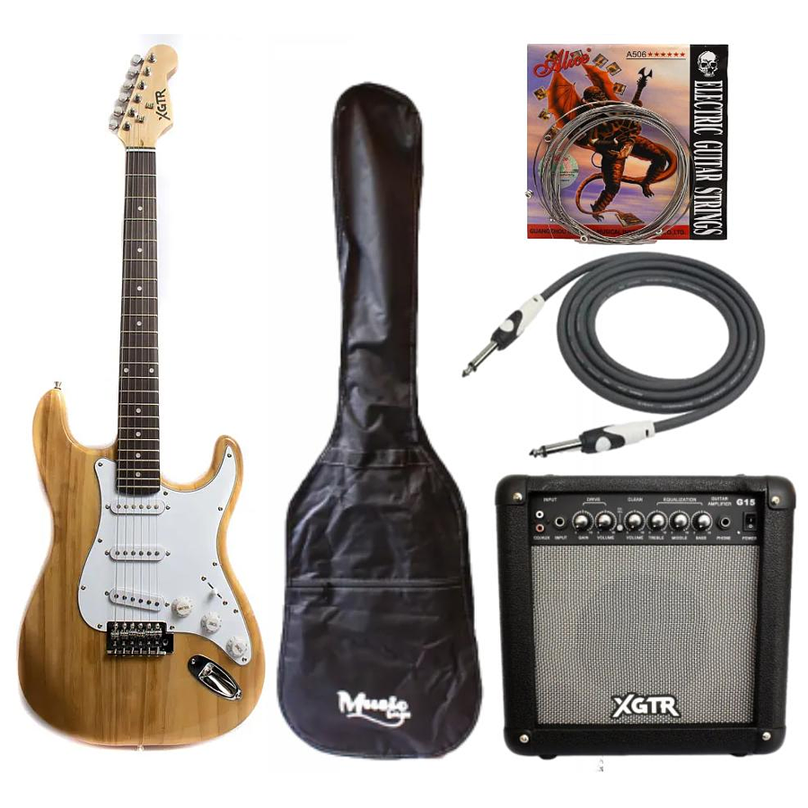 Full Pack Guitarra Eléctrica XGTR Natural + Afinador + Amplificador + set de cuerdas + Cable plug 3M + funda
