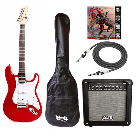 Full Pack Guitarra Eléctrica XGTR Roja + Afinador + Amplificador + set de cuerdas + Cable plug 3M + funda
