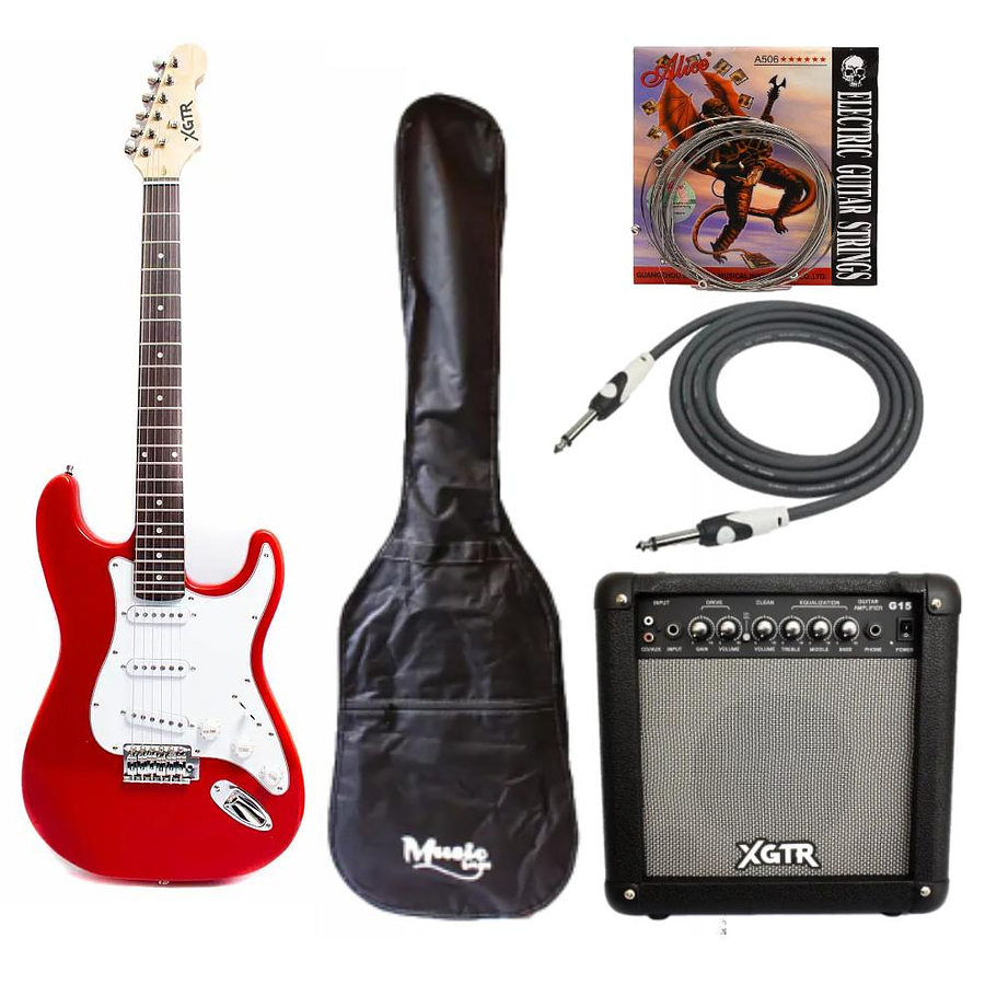 Full Pack Guitarra Eléctrica XGTR Roja + Afinador + Amplificador + set de cuerdas + Cable plug 3M + funda