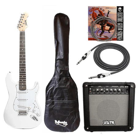 Full Pack Guitarra Eléctrica XGTR Blanca + Afinador + Amplificador + set de cuerdas + Cable plug 3M + funda