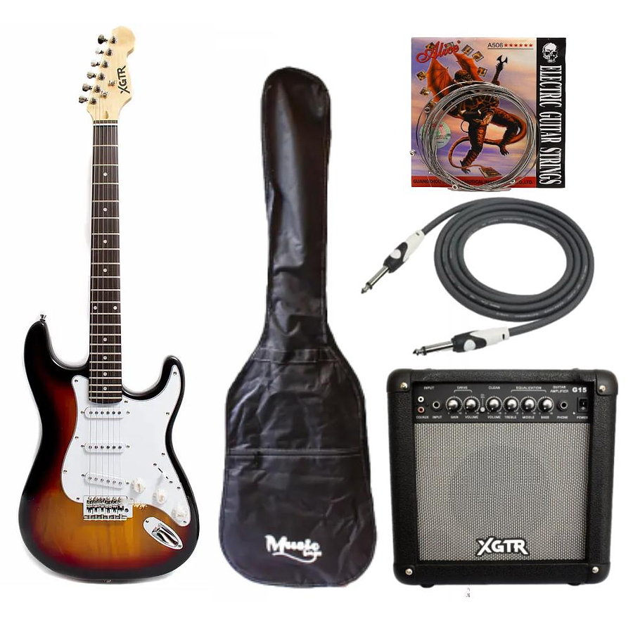 Full Pack Guitarra Eléctrica XGTR SunBurst + Afinador + Amplificador + set de cuerdas + Cable plug 3M + funda