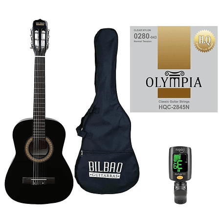 Full Pack Guitarra Acústica Bilbao para Niño Bil-12-Bk + Set de Cuerdas Olympia + Afinador Cromático Clip