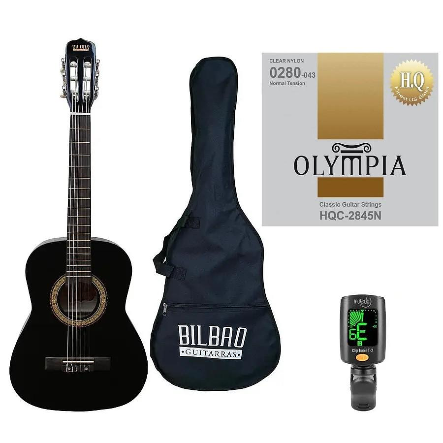 Full Pack Guitarra Acústica Bilbao para Niño Bil-12-Bk + Set de Cuerdas Olympia + Afinador Cromático Clip