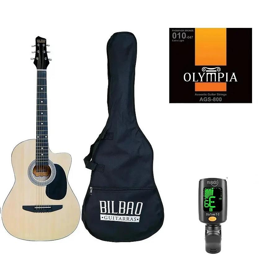 Full Pack Guitarra Acústica Bilbao Bil-38c-nt + Set de Cuerdas Olympia + Afinador Cromático Clip