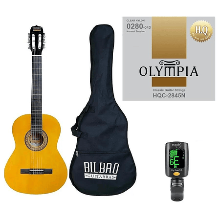 Full Pack Guitarra Acústica Bilbao Bil-44-nt + Set de Cuerdas Olympia + Afinador Cromático Clip