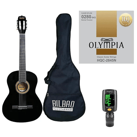 Full Pack Guitarra Acústica Bilbao BIL-44-BK + Set de Cuerdas Olympia + Afinador Cromático Clip