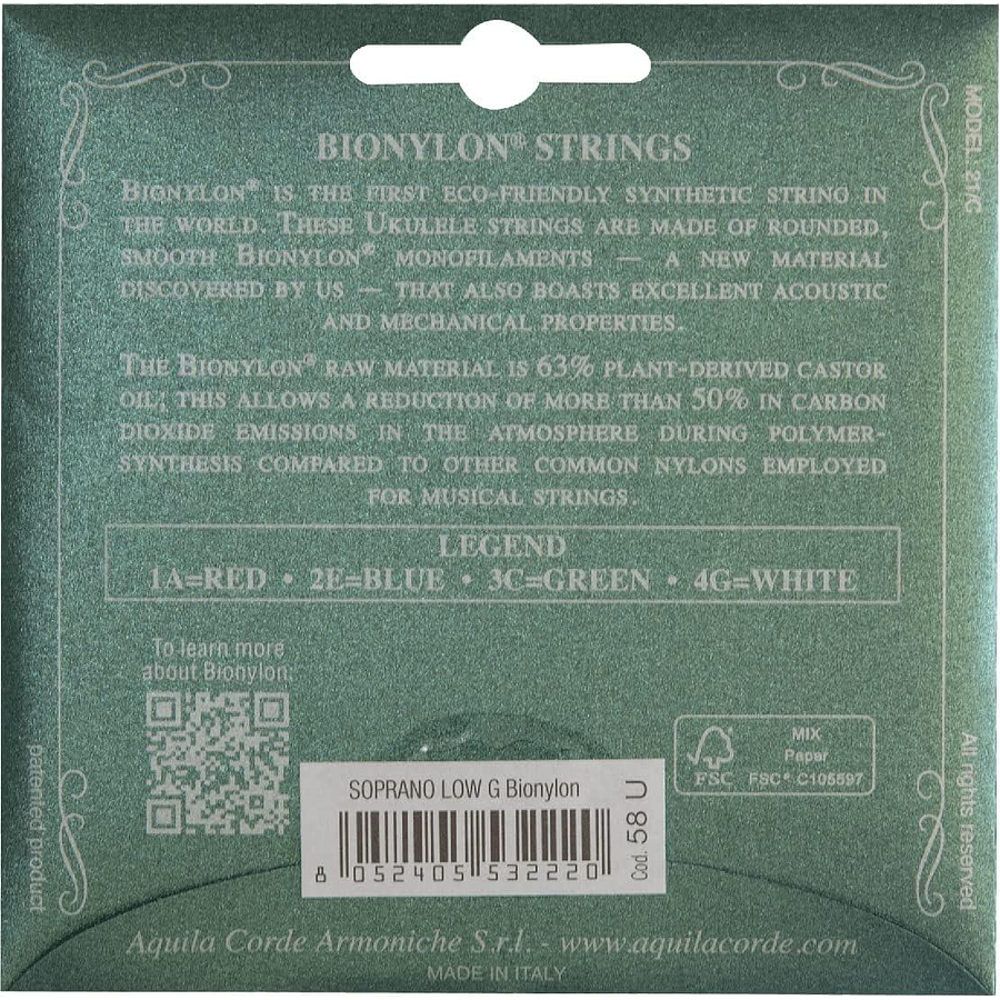 Set Aquila Para Ukelele Soprano Low G Bionylon 58U