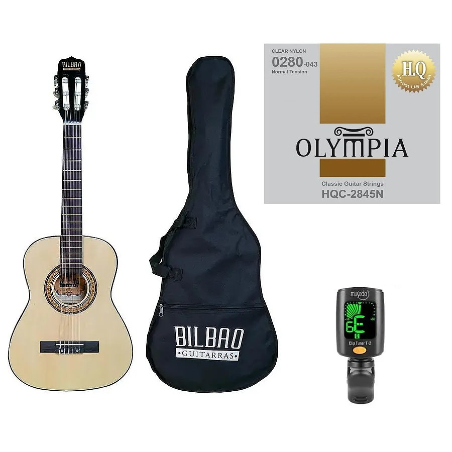 Full Pack Guitarra Acústica Bilbao para Niño Bil-12-nt + Cuerdas Olympia + Afinador Cromático Clip