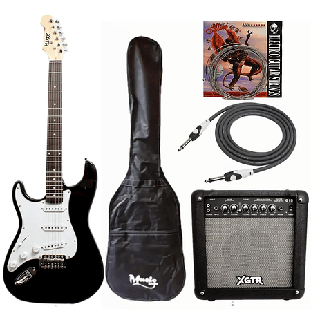 Full Pack Guitarra Eléctrica XGTR Blk para Zurdos + Afinador + Amp + cuerdas + Cable plug 3M + funda