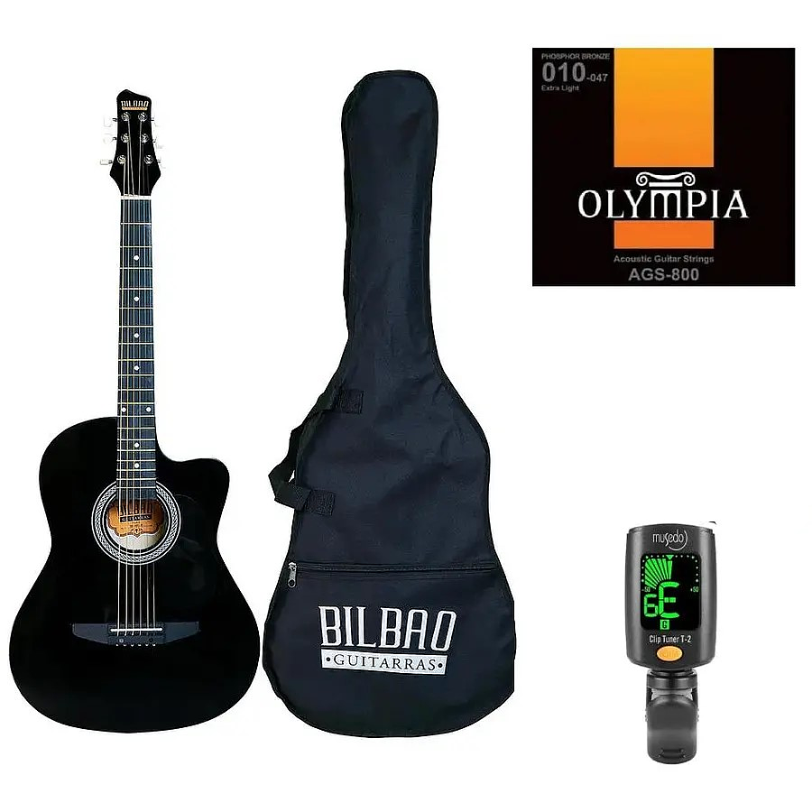 Full Pack Guitarra Acústica Bilbao Bil-38c-bk + Set de Cuerdas Olympia + Afinador Cromático Clip
