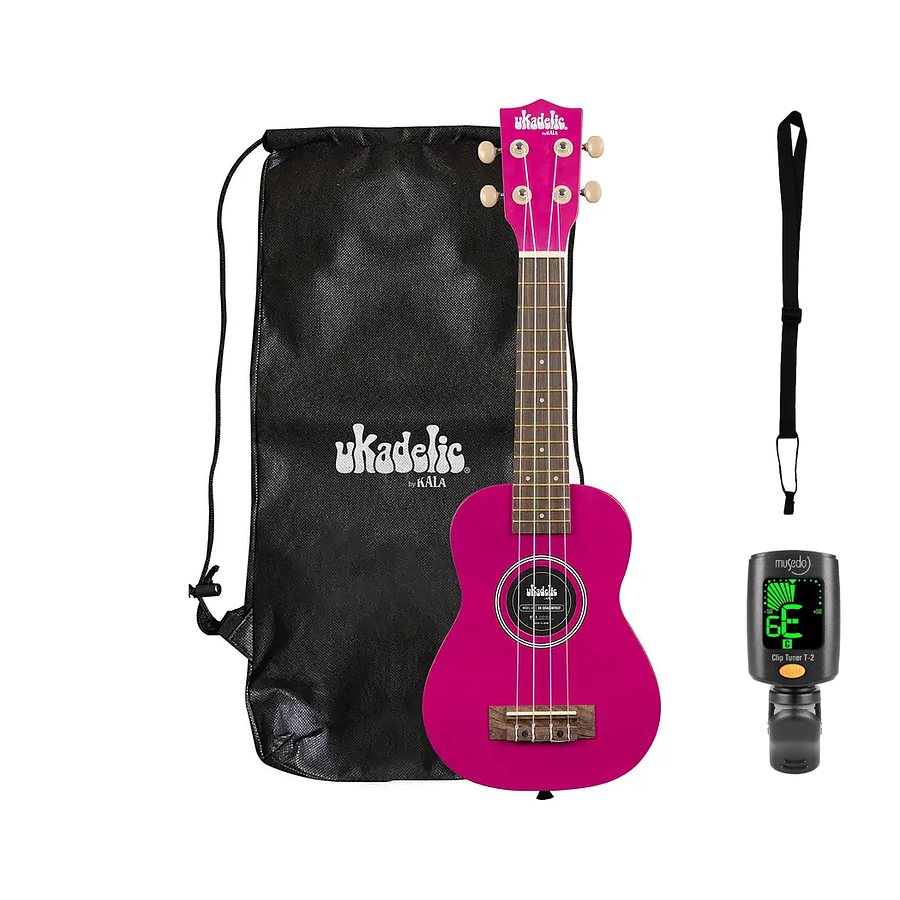 Full Pack Ukelele Soprano Kala Ukadelic Dragonfruit + Afinador Cromático Clip + Correa Allegro