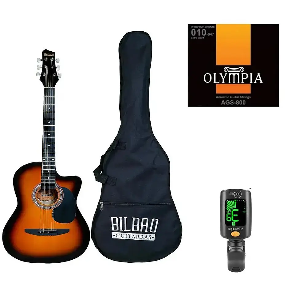 Full Pack Guitarra Acústica Bilbao Bil-38c-sb + Set de Cuerdas Olympia + Afinador Cromático Clip 1