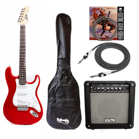Full Pack Guitarra Eléctrica XGTR Roja + Afinador + Amp. + set de cuerdas + Cable plug 3M + funda