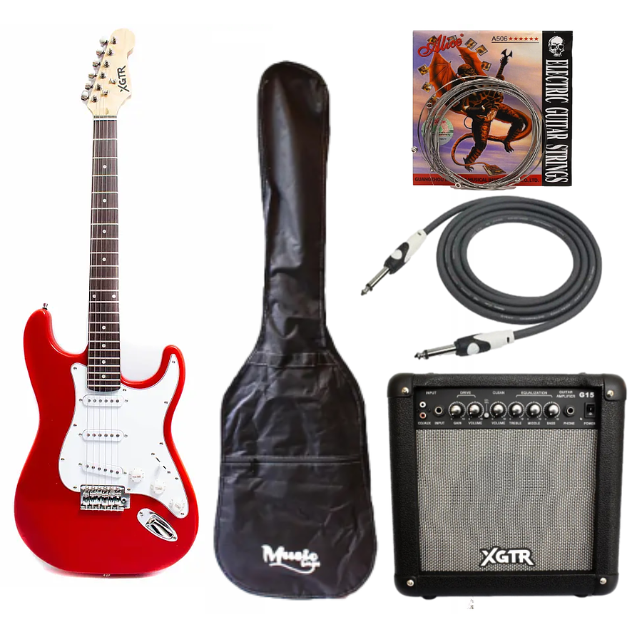 Full Pack Guitarra Eléctrica XGTR Roja + Afinador + Amp. + set de cuerdas + Cable plug 3M + funda