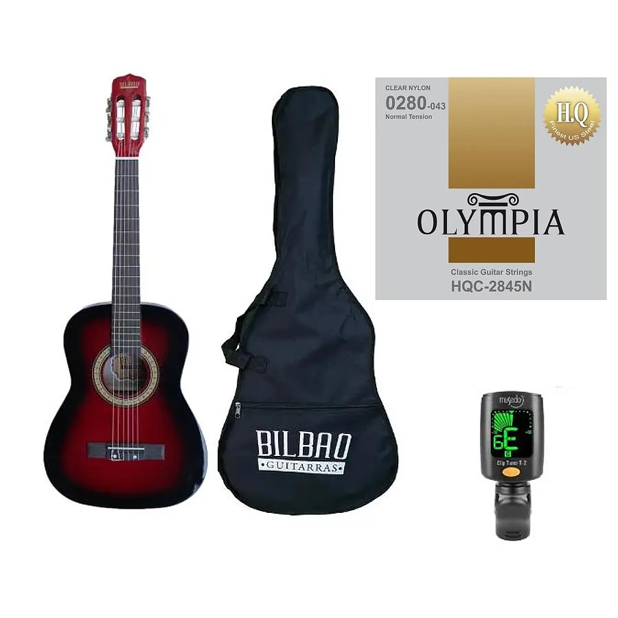 Full Pack Guitarra Acústica Bilbao para Niño BIL-12-RB + Cuerdas Olympia + Afinador Cromático Clip