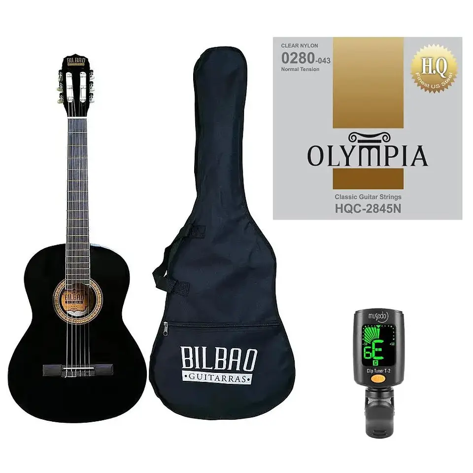 Full Pack Guitarra Acústica Bilbao BIL-44-BK + Set de Cuerdas Olympia + Afinador Cromático Clip 1