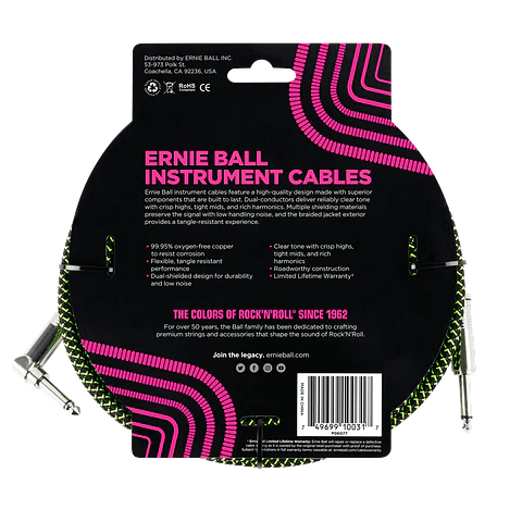 Cable de Instrumento Trenzado Verde/Negro 3m Ernie Ball 6077