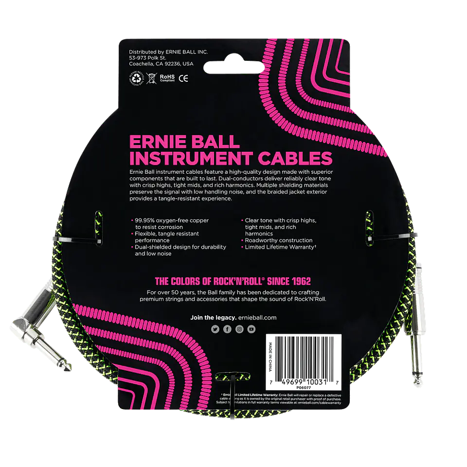 Cable de Instrumento Trenzado Verde/Negro 3m Ernie Ball 6077 2