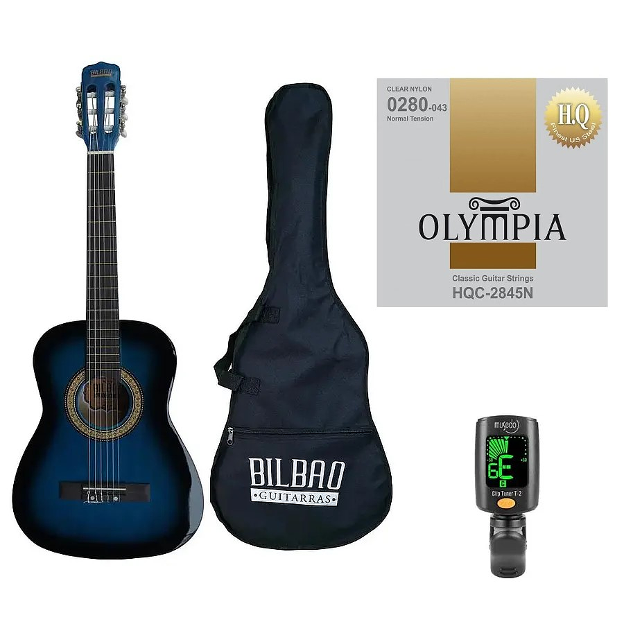 Full Pack Guitarra Acústica Bilbao para Niño Bil-12-BB + Cuerdas Olympia + Afinador Cromático Clip
