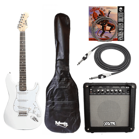 Full Pack Guitarra Eléctrica XGTR Blanca + Afinador + Amp. + set de cuerdas + Cable plug 3M + funda