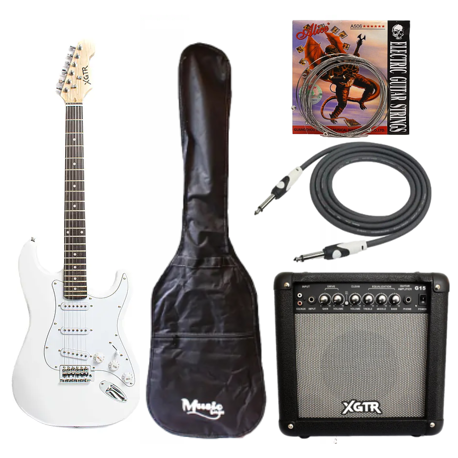 Full Pack Guitarra Eléctrica XGTR Blanca + Afinador + Amp. + set de cuerdas + Cable plug 3M + funda
