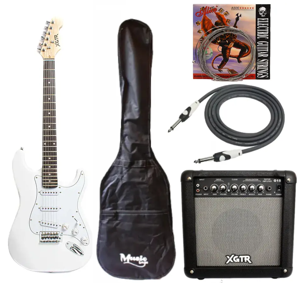 Full Pack Guitarra Eléctrica XGTR Blanca + Afinador + Amp. + set de cuerdas + Cable plug 3M + funda 1