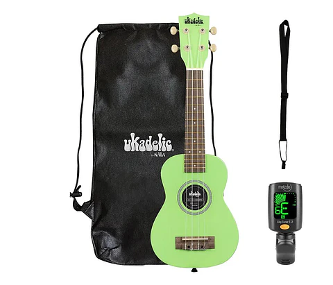 Full pack Ukelele Soprano Kala Ukadelic Grasshopper + Afinador Cromático Clip + Correa Allegro