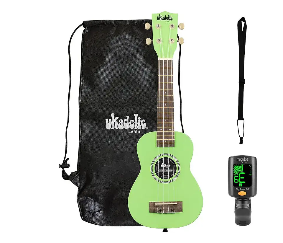 Full pack Ukelele Soprano Kala Ukadelic Grasshopper + Afinador Cromático Clip + Correa Allegro 2