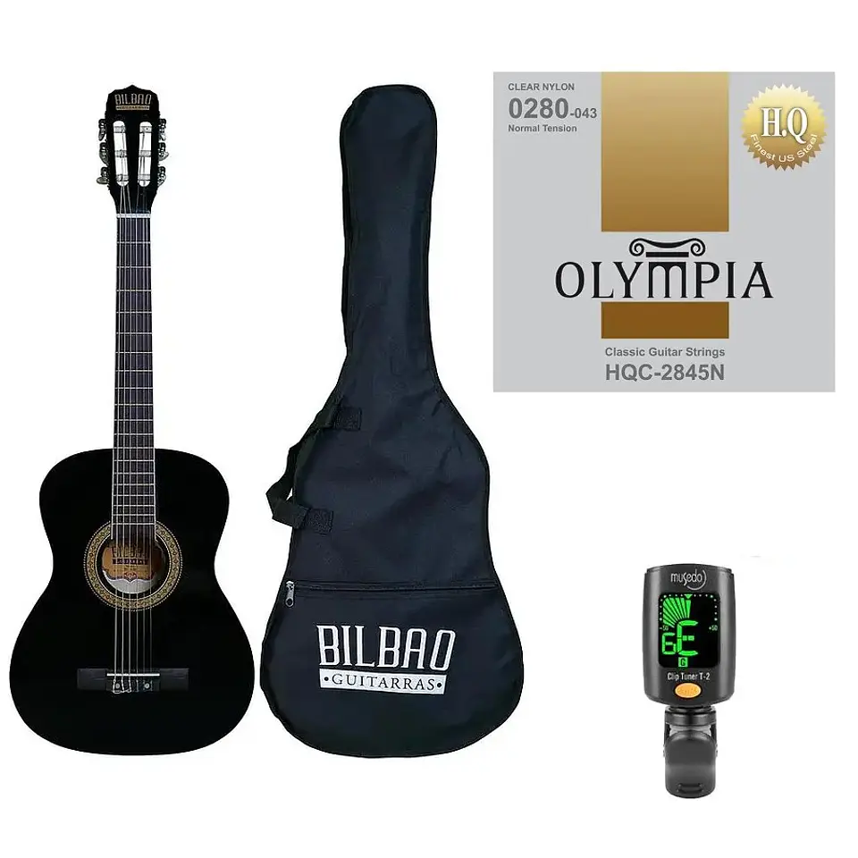 Full Pack Guitarra Acústica Bilbao Bil-34-bk + Set de Cuerdas Olympia + Afinador Cromático Clip 1