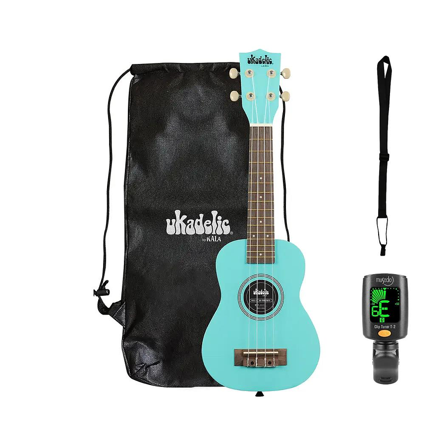 Full pack Ukelele Soprano Kala Ukadelic Frostbite + Afinador Cromático Clip + Correa Allegro