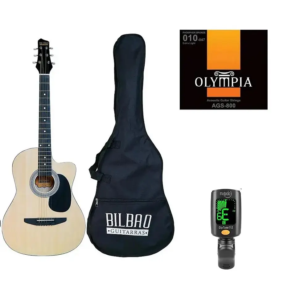 Full Pack Guitarra Acústica Bilbao Bil-38c-nt + Set de Cuerdas Olympia + Afinador Cromático Clip 1