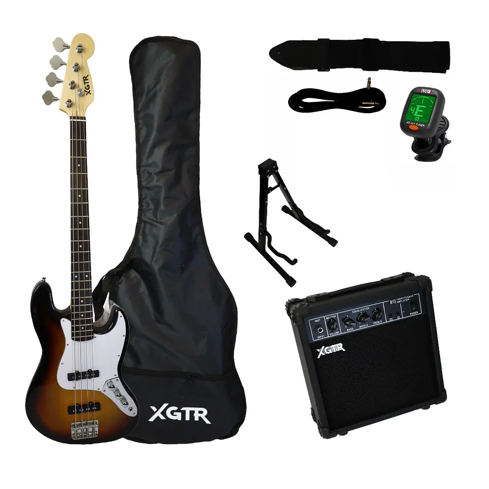 Pack Bajo Eléctrico Jazz Sunburst JB100 SB, Amp 15w XGTR 1