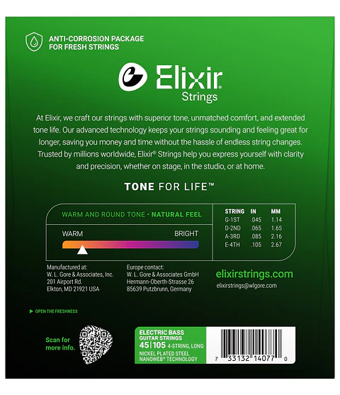 Set de Cuerdas Bajo Eléctrico Elixir Acero Niquelado 45-105