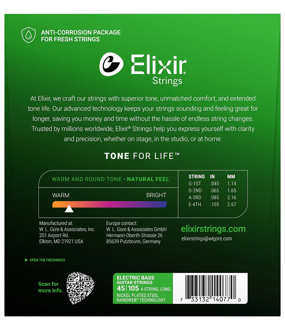 Set de Cuerdas Bajo Eléctrico Elixir Acero Niquelado 45-105 2