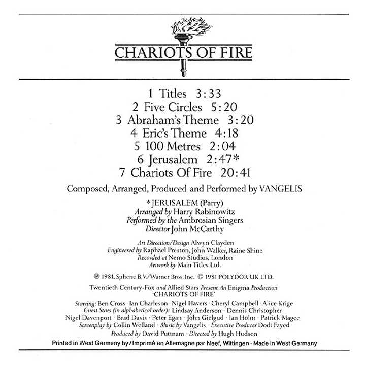 VANGELIS  - CHARIOTS OF FIRE (FRANCE 1981) / CD USADO 5