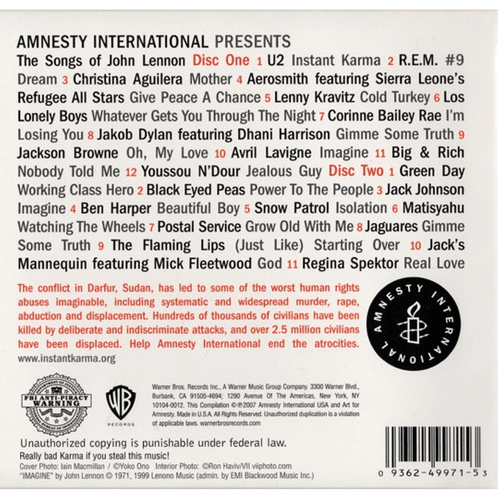 INSTANT KARMA: THE AMNESTY INTERNATIONAL CAMPAIGN TO SAVE DARFUR - VARIOUS (2CD) (USA 2007) / CD USADO 5