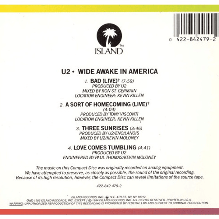 U2  - WIDE AWAKE IN AMERICA (USA 1984) / CD USADO 2
