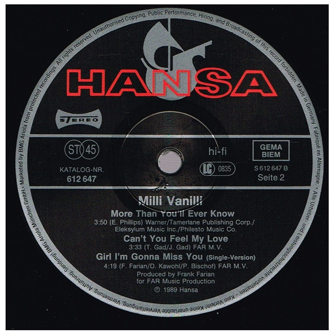 MILLI VANILLI - GIRL I'M GONNA MISS YOU / 12
