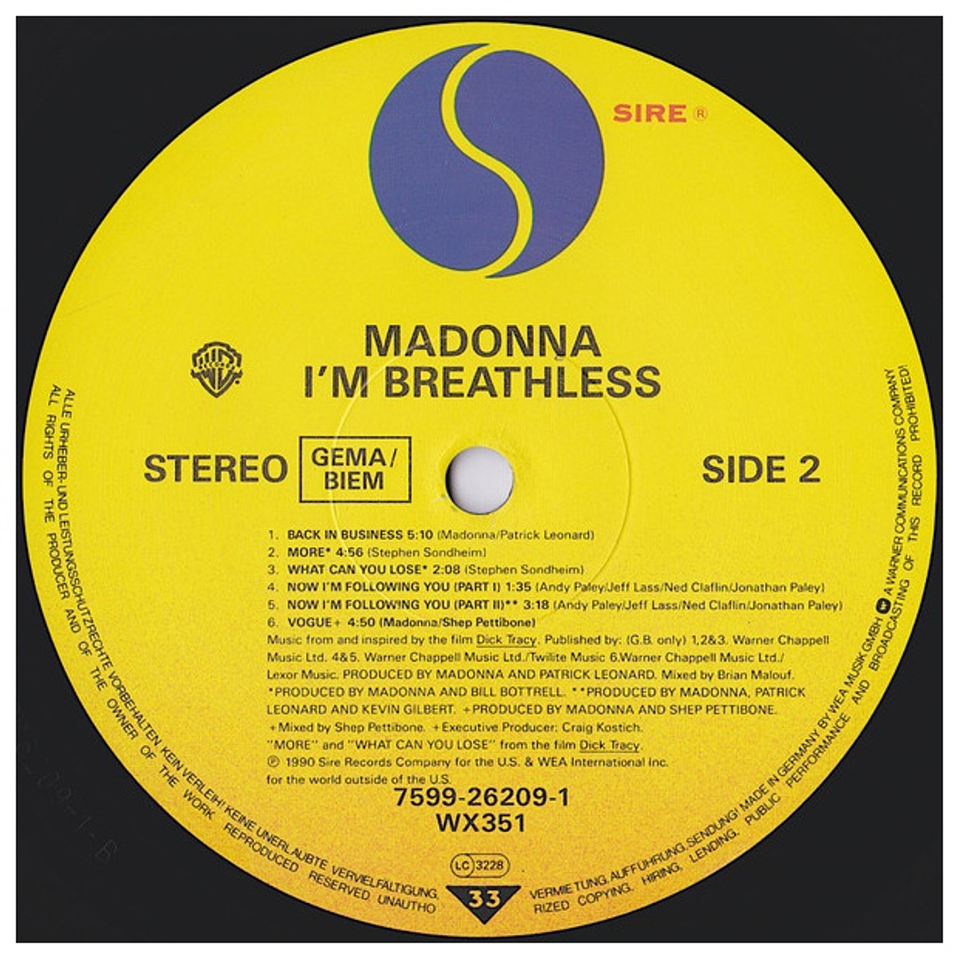 MADONNA - I'M BREATHLESS OST / VINILO USADO 4