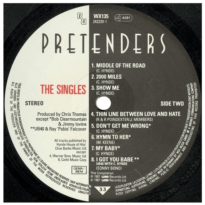 PRETENDERS - THE SINGLES (SIN CARATULA, SIN INSERTO) / VINILO USADO 4