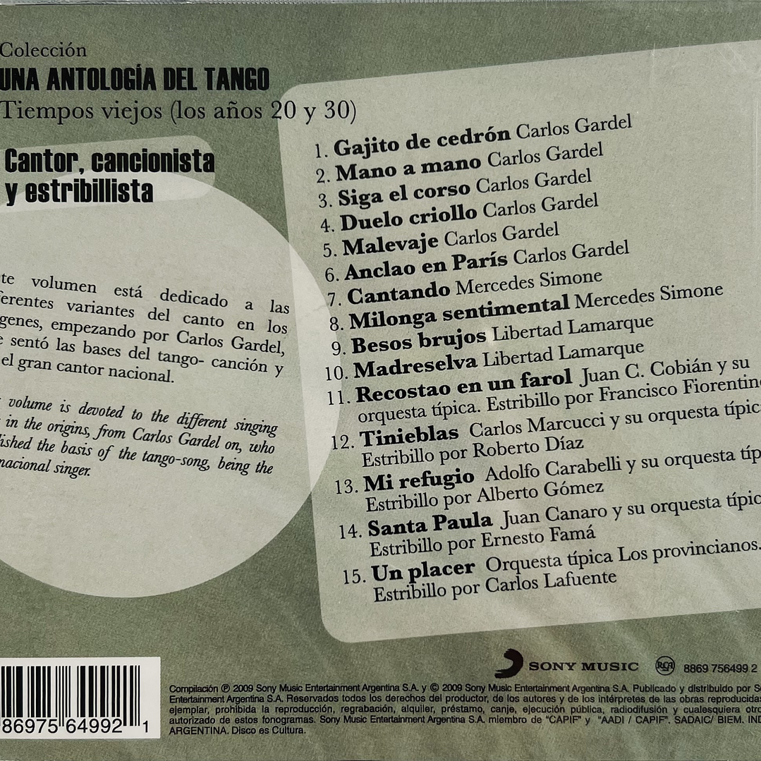 UNA ANTOLOGIA DEL TANGO - CANTOR, CANCIONISTA Y ESTRIBILLISTA / CD 2