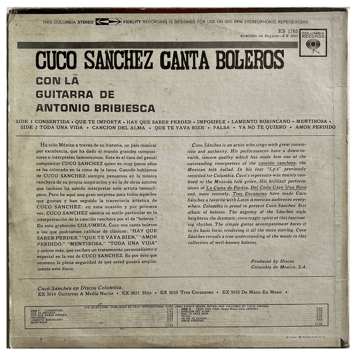 CUCO SANCHEZ - CANTA BOLEROS / VINILO USADO 2