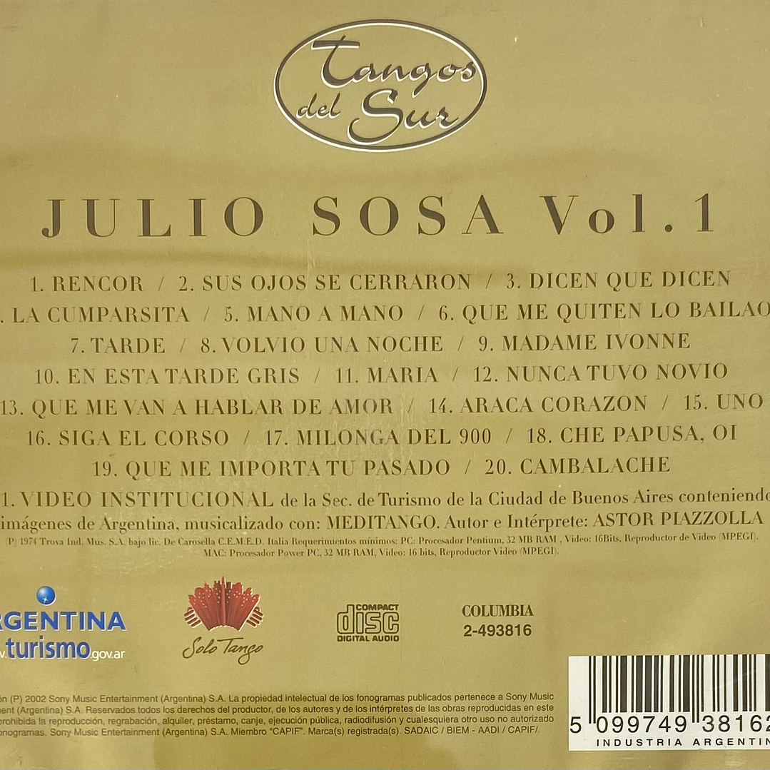 JULIO SOSA - VOL. 1 - TANGOS DEL SUR / CD USADO 2