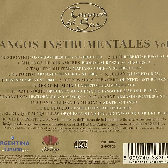 TANGOS INSTRUMENTALES - VOL. 2 - TANGOS DEL SUR / CD USADO 2