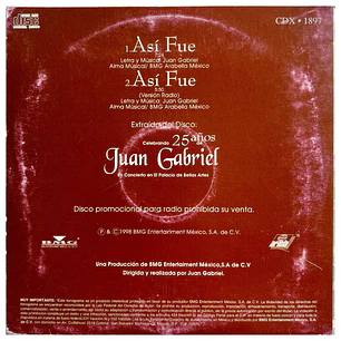 JUAN GABRIEL - ASI FUE (PROMO) / CD SINGLE USADO