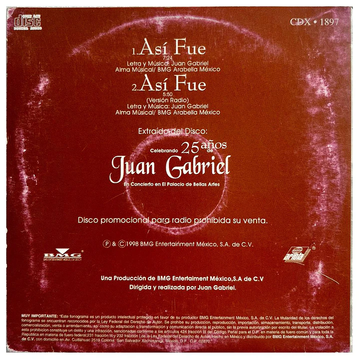 JUAN GABRIEL - ASI FUE (PROMO) / CD SINGLE USADO 2