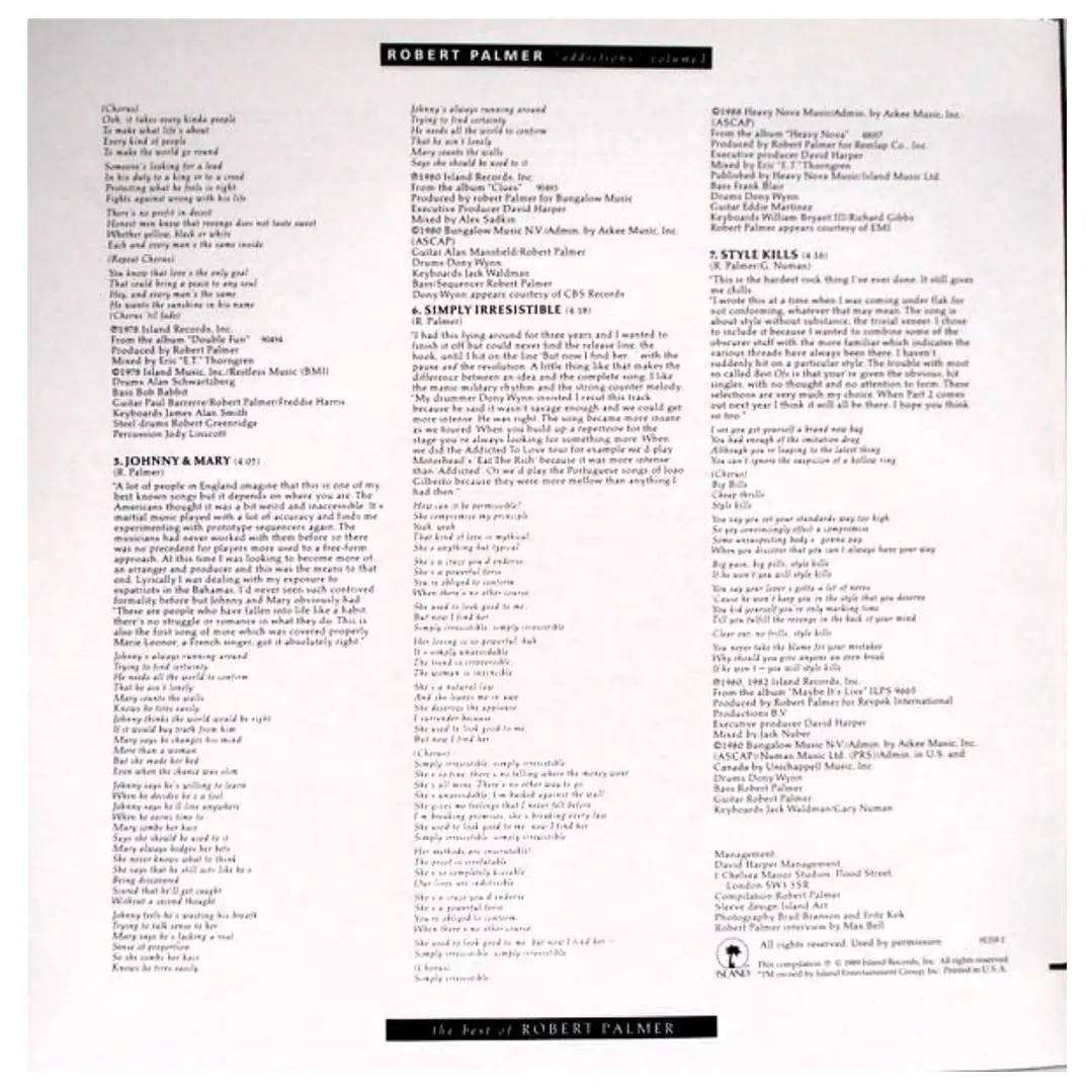 ROBERT PALMER - ADDICTIONS VOLUME I / VINILO USADO 4
